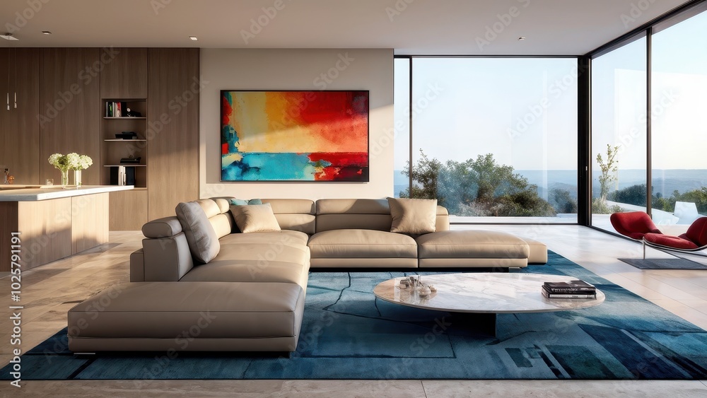 Modern living room with large windows, artwork, and a scenic view. Modern living room with large windows, artwork, and a scenic view.