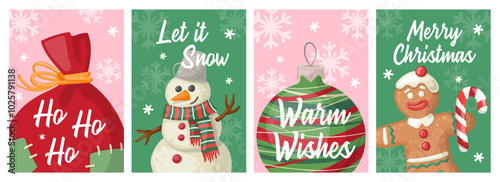 Set of Christmas and New year postcards with gingerbread man, christmas ball, santa's bag, snowman and snowflakes on a pink and green backgrounds.