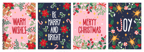 Set of Christmas and New Year greeting cards with drawn decorative elements on dark blue and pink background.

