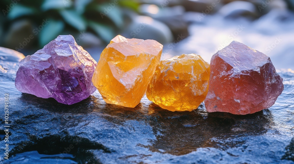 A display of raw uncut gemstones in various colors arranged on a rock by a stream A display of raw uncut gemstones in various colors arranged on a rock by a stream