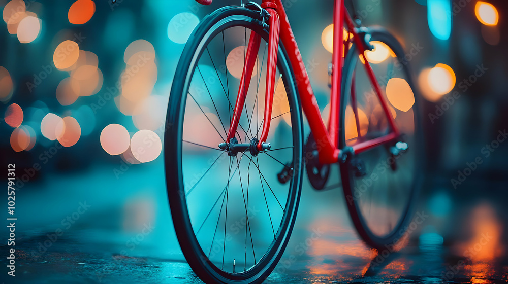 Red Bicycle Wheel with Spokes Blurs Out in the Distance on a Wet Asphalt Road with Bokeh Lights Red Bicycle Wheel with Spokes Blurs Out in the Distance on a Wet Asphalt Road with Bokeh Lights