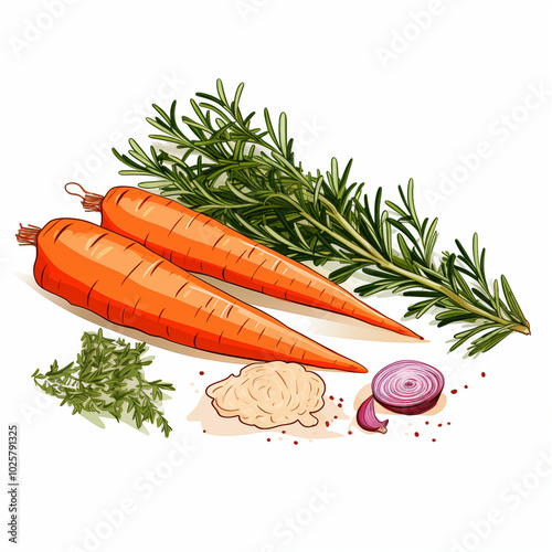 Fresh Carrots With Rosemary And Other Herbs On White Background In Detailed Illustration