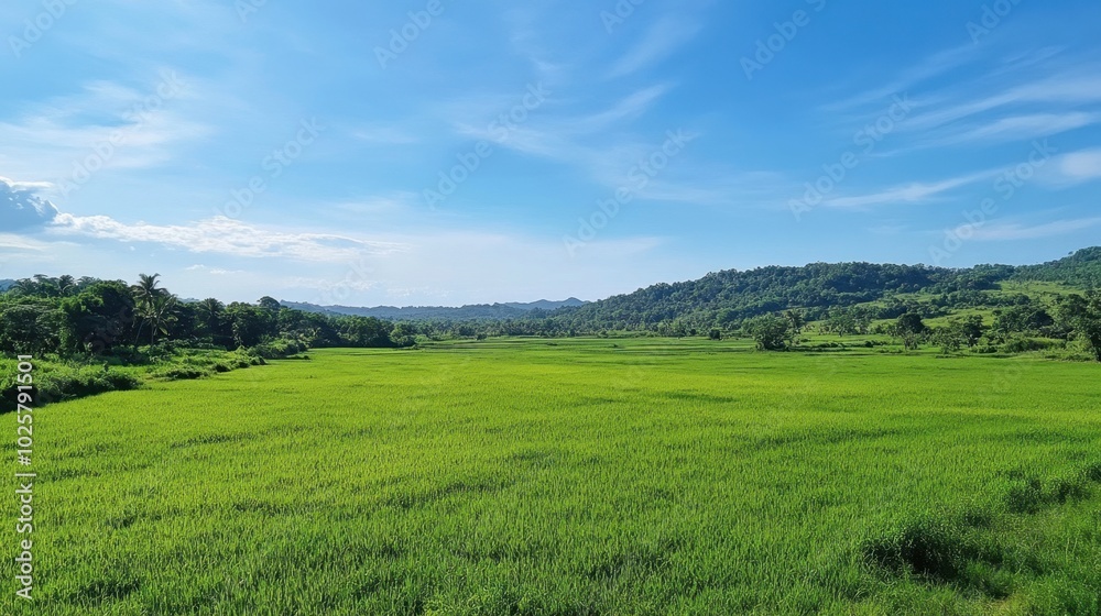 Vivid Green Field: Ideal Outdoor Adventure and Nature Exploration Setting Under Bright Sky Vivid Green Field: Ideal Outdoor Adventure and Nature Exploration Setting Under Bright Sky