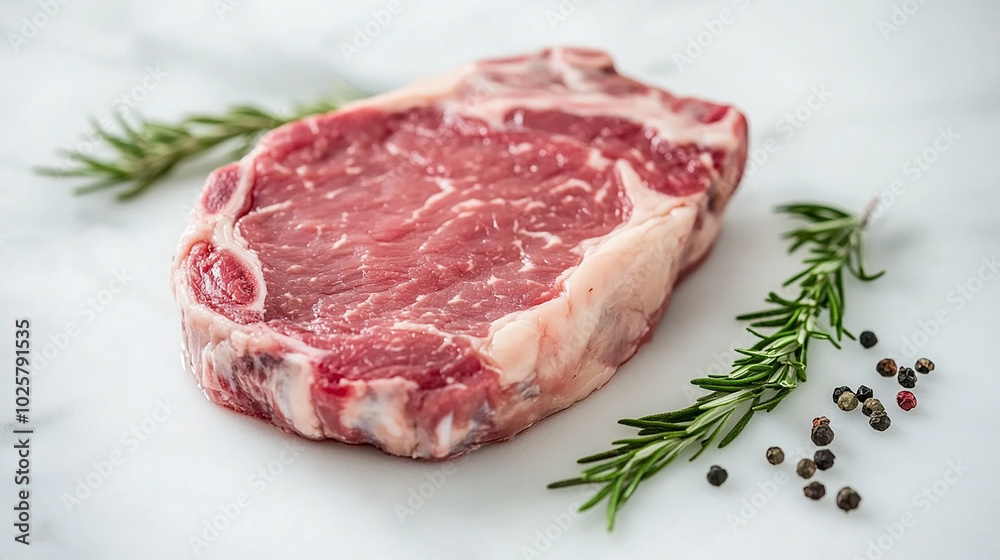 Fresh pork steak with visible marbled fat on white plate Fresh pork steak with visible marbled fat on white plate
