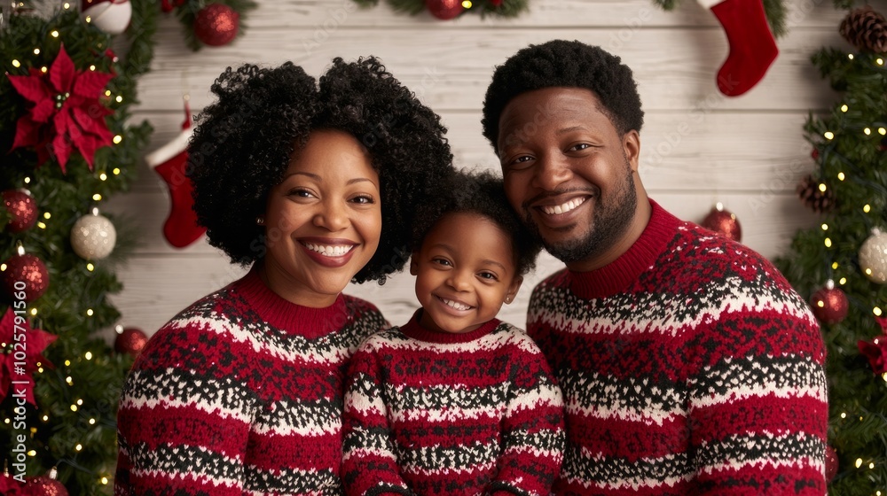 Happy family celebrating Christmas together in matching festive sweaters, surrounded by holiday decorations. Happy family celebrating Christmas together in matching festive sweaters, surrounded by holiday decorations.