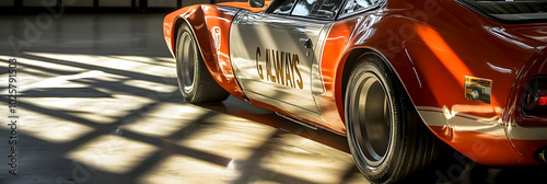 A Closeup View of a Classic Race Car with Orange and White Paint and a 'G Always' Sticker