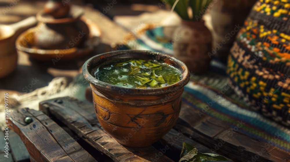 A Clay Cup Filled with Green Leaves and Water on a Wooden Table A Clay Cup Filled with Green Leaves and Water on a Wooden Table