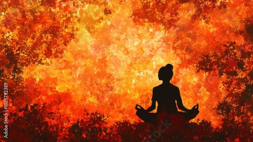 Meditation silhouette against fiery abstract background, vibrant colors, tranquility