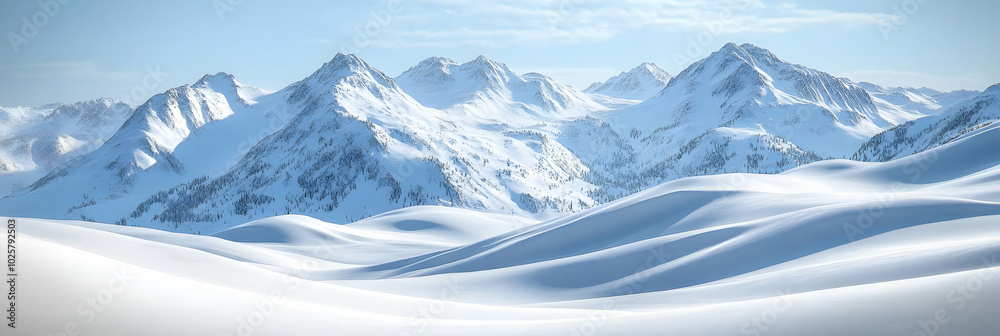Fototapeta premium Snow-Covered Mountains Rise Majestically Above a Serene Landscape, Casting Long Shadows Over the Pristine White Hills