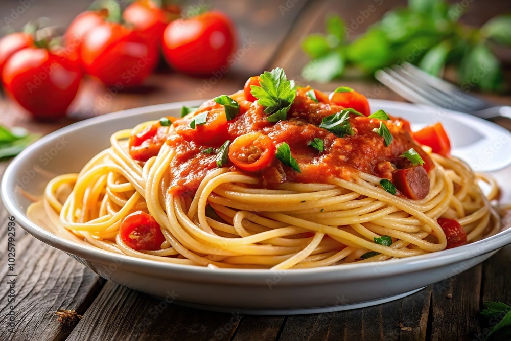 Close-up of spaghetti with tomato sauce Putanesca pasta Close-up of spaghetti with tomato sauce Putanesca pasta