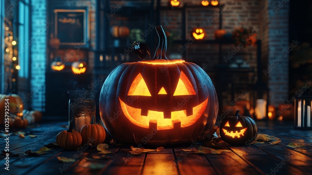 Fototapeta premium Illuminated Jack o Lantern Pumpkin Halloween Decoration