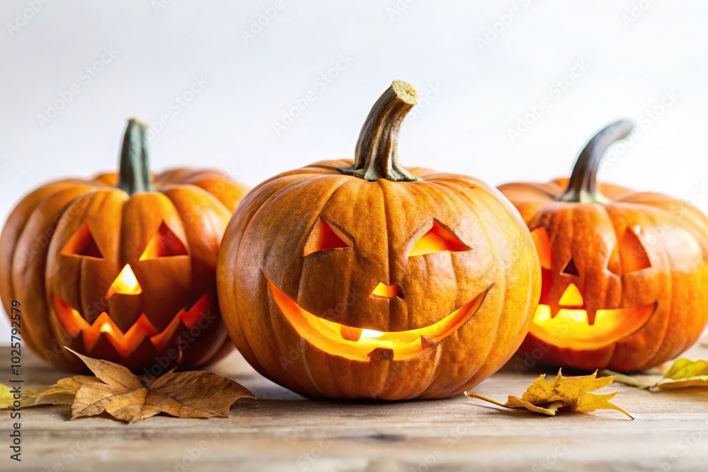 Close-up of spooky Halloween pumpkins on a white background Close-up of spooky Halloween pumpkins on a white background