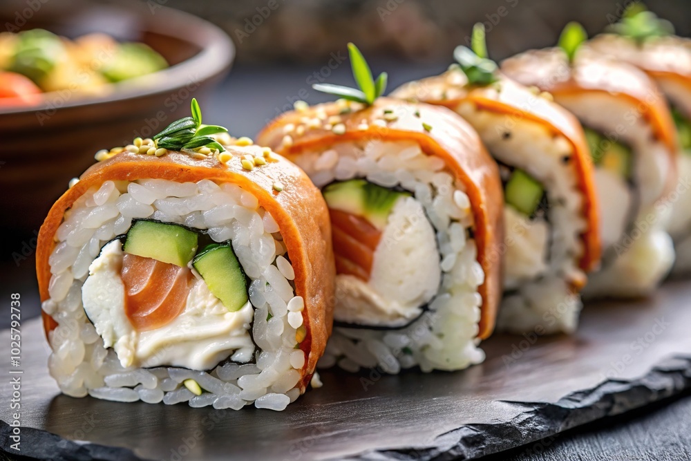 Close-up of Sushi Rolls Sake Unagi Philadelphia with Rice, Salmon, Cream Cheese, and Cucumber Close-up of Sushi Rolls Sake Unagi Philadelphia with Rice, Salmon, Cream Cheese, and Cucumber