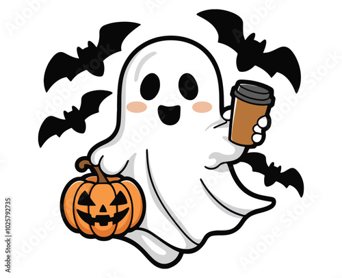 Kawaii ghost drinking coffee. Cute cartoon spooky character perfect for Happy Halloween