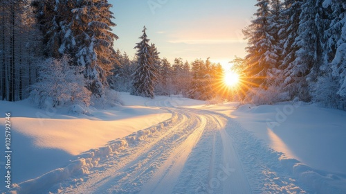 Winter Sunrise in Snowy Forest