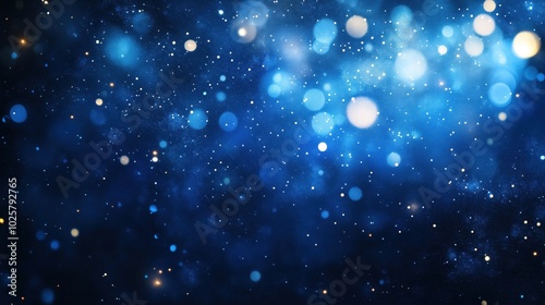 Starry night sky with glowing bokeh effects, deep blue background