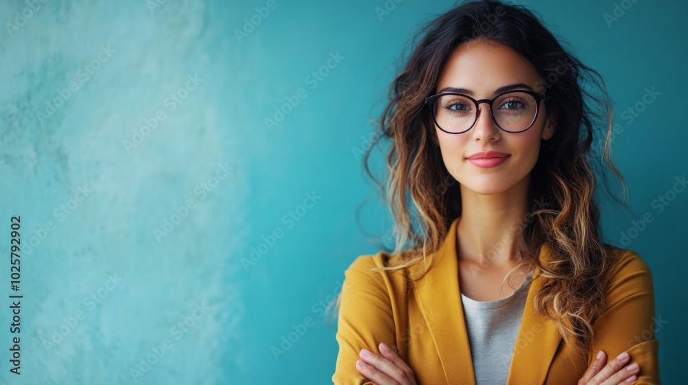 Confident Woman in Glasses Against Blue Background