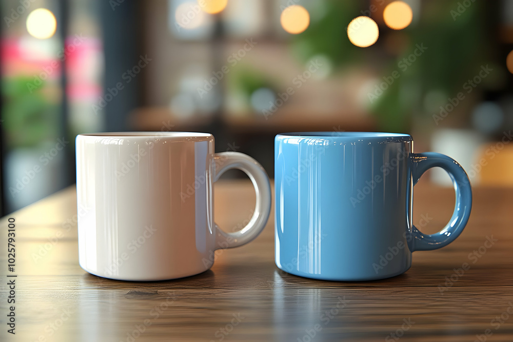 Two Empty Ceramic Mugs on a Wooden Tabletop with a Blurred Background Two Empty Ceramic Mugs on a Wooden Tabletop with a Blurred Background