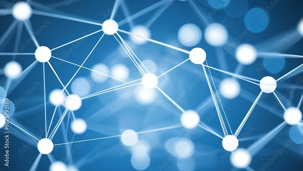 Abstract network with white nodes and lines on a blue background.
