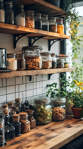 Glass Jars Filled with Various Food Items Organized on Wooden Shelves in a Kitchen Setting