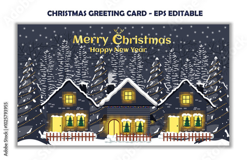 a black house in winter in the night with mountain view and snow in collection for christmas editable template greeting card stories template, landscape christmas background