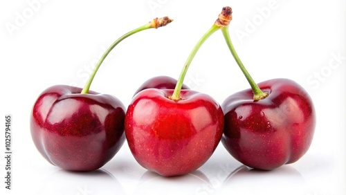 Close-Up of three fresh cherries on white background