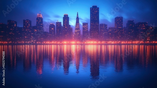 A sleek urban skyline at dusk, with the silhouettes of iconic buildings and the soft glow of city lights reflecting on the water, capturing the essence of modern city life.