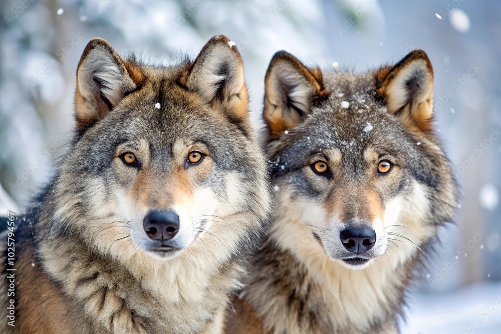 Fototapeta premium Close-up of two wild wolves in snowy winter landscape