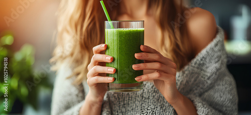 Woman is holding a glass of green juice