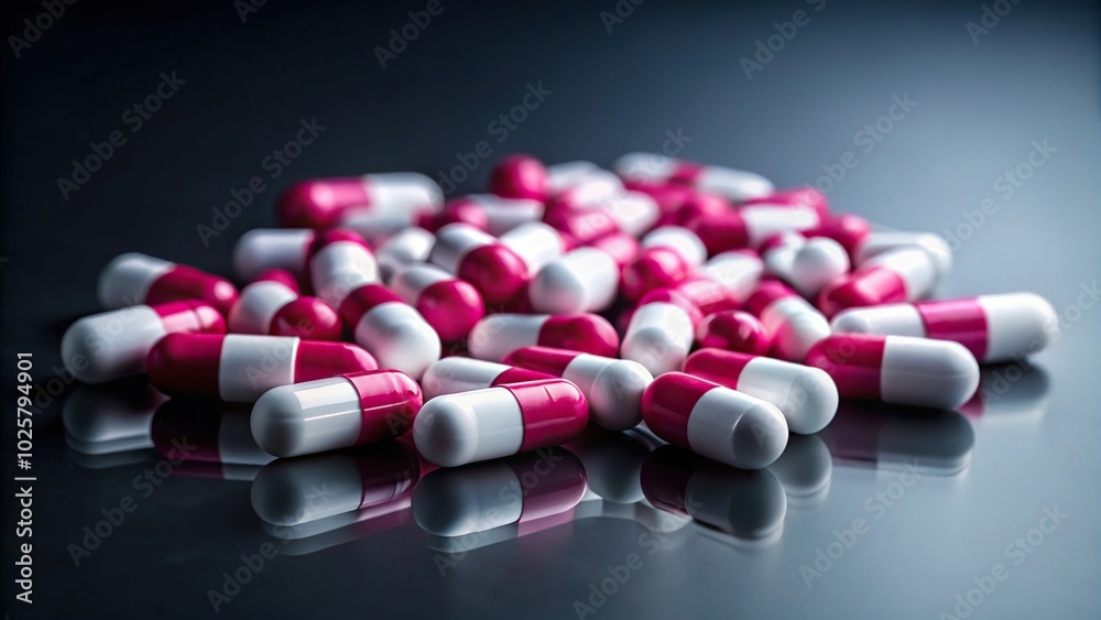 Close-up of white and pink pills against a dark background Close-up of white and pink pills against a dark background