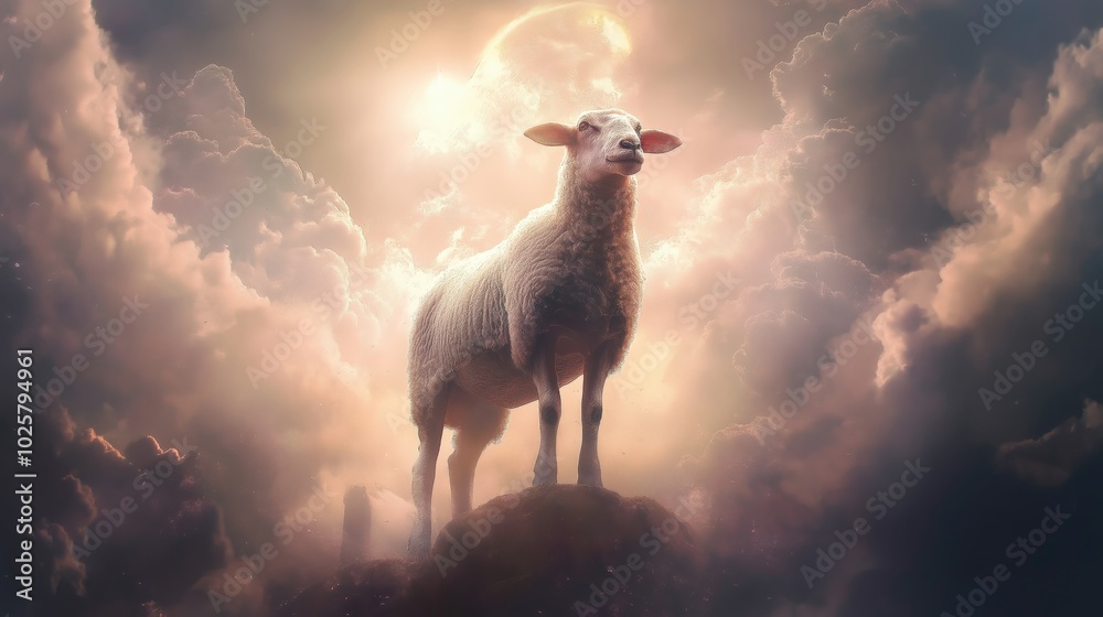 Fototapeta premium The sacrificed lamb of the Bible in double exposure in heaven