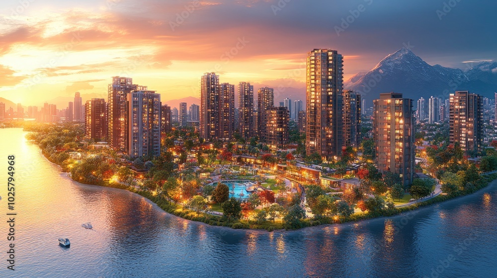 Fototapeta premium A panoramic view of an urban riverside development with a mix of residential towers, commercial spaces, and public parks, highlighting the city's growth along the waterfront.