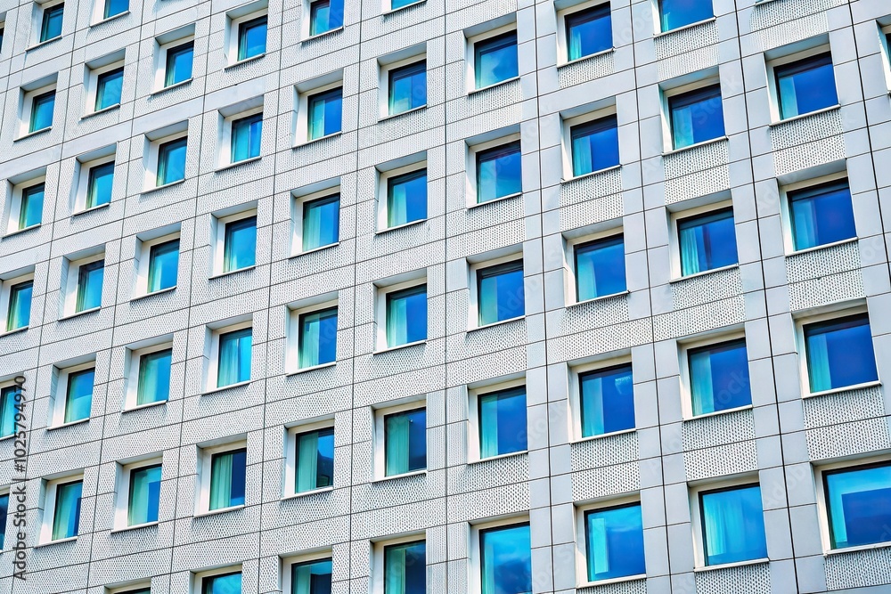 Close-up of white building facade with grid of small blue glass windows Close-up of white building facade with grid of small blue glass windows