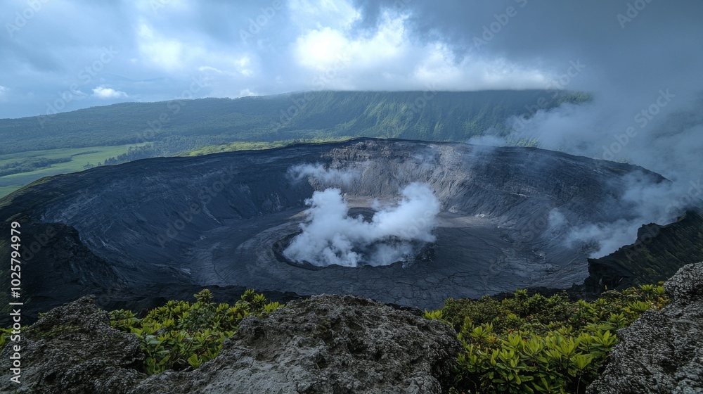 Active Volcano Crater in Lush Landscape Active Volcano Crater in Lush Landscape