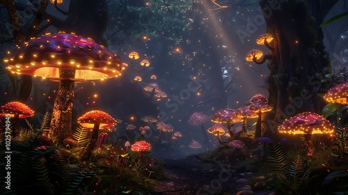 Fantasy landscape with mushrooms in the forest.