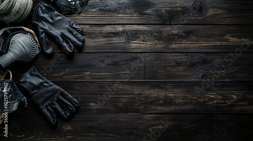 Two pairs of black gloves, a gas mask, and a clear bag on a dark wooden surface.