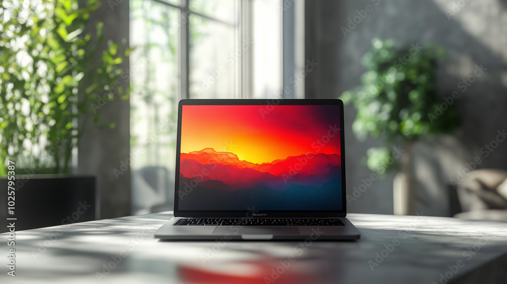 Fototapeta premium 3D render of a MacBook Pro laptop on a white table, with a grey wall and a green plant in the background.