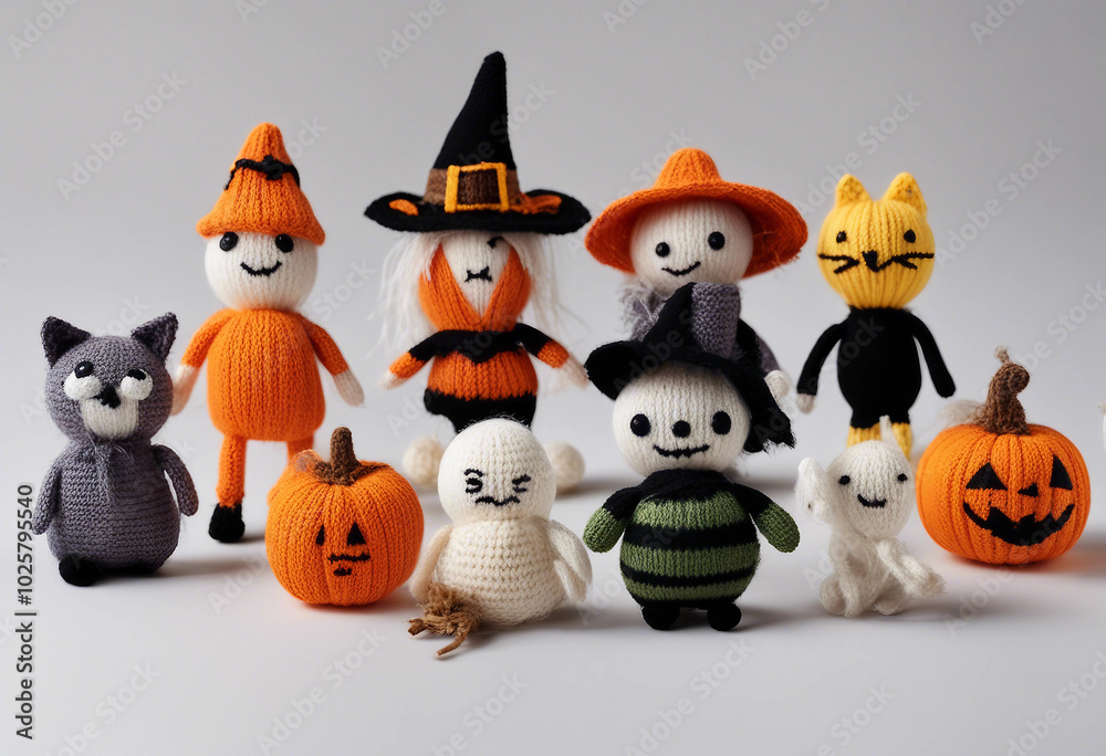 Naklejka premium A collection of Halloween-themed knitted toys displayed against a plain white background.