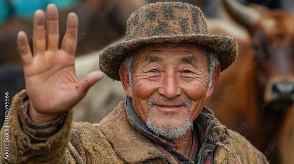 Fototapeta premium Asian Man with a hat and beard is waving to the camera. He is smiling and he is happy