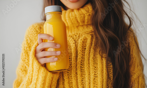 Woman in a yellow sweater holding a glass of orange juice