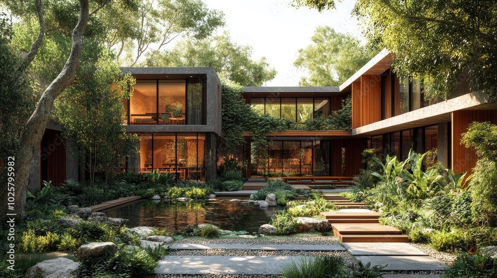 Naklejka premium A modern urban school with open spaces, sustainable architecture, and outdoor learning areas, designed to foster creativity and well-being among students.