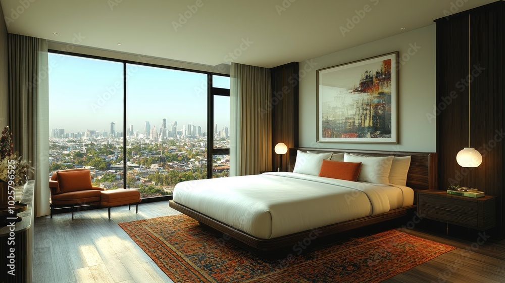 A stylish urban hotel with contemporary architecture, luxurious amenities, and panoramic views of the city, catering to both business and leisure travelers. A stylish urban hotel with contemporary architecture, luxurious amenities, and panoramic views of the city, catering to both business and leisure travelers.