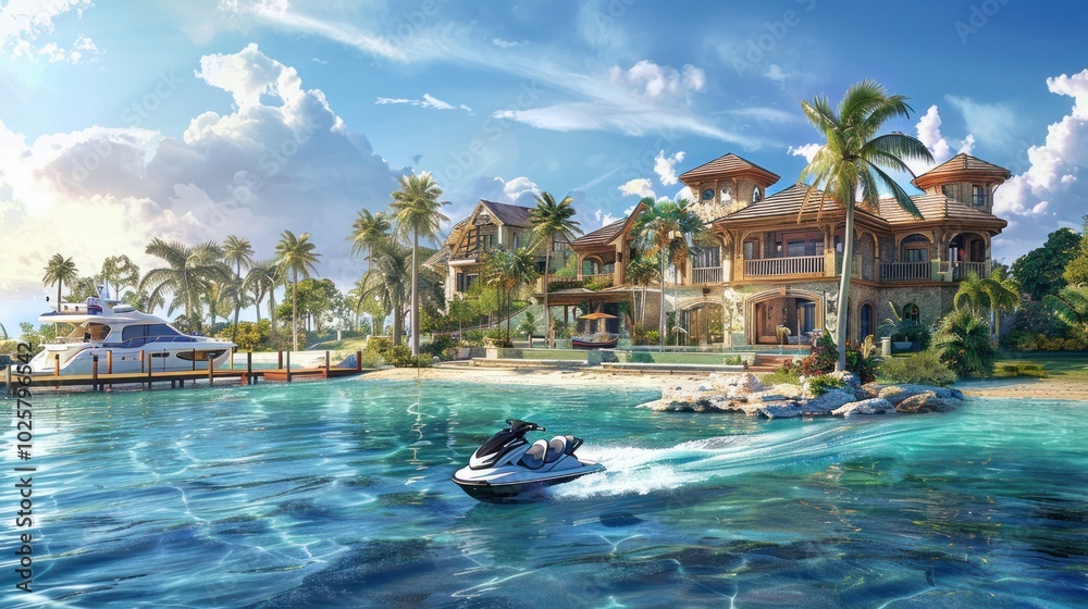 Luxurious Tropical Villa with Jet Ski and Yacht in Clear Blue Water Luxurious Tropical Villa with Jet Ski and Yacht in Clear Blue Water