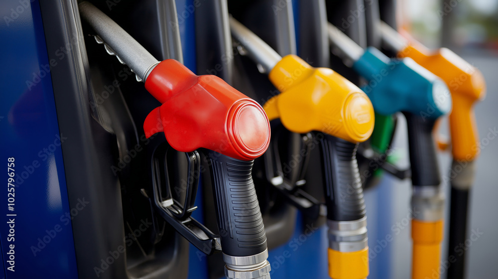 Different colored gasoline nozzles indicating various octane levels at a fuel station. Different colored gasoline nozzles indicating various octane levels at a fuel station.