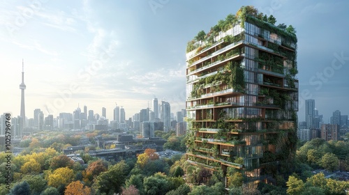 A modern urban high-rise with green terraces, solar panels, and a sleek glass faÃ§ade, representing the future of sustainable city living. photo