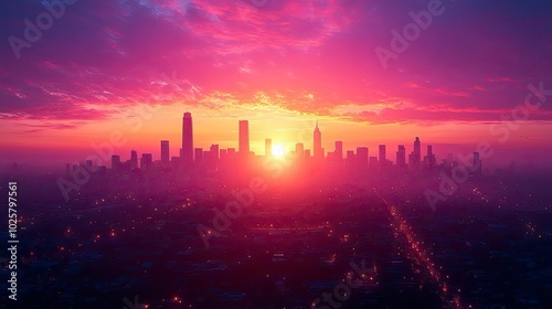 A panoramic view of an urban skyline at twilight, with the soft glow of city lights and the silhouettes of iconic buildings creating a serene and captivating scene.