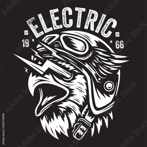 Vintage illustration of a bird head wearing a helmet with electric effects