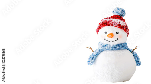 Knitted snowman in blue hat and scarf isolated on white background. Winter fairy tale story with your own hands, hobby. Merry Christmas and New Year.