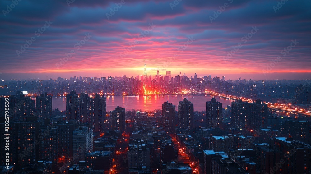 Fototapeta premium A panoramic view of an urban skyline at sunrise, with the first light of day illuminating the buildings and streets, symbolizing a new beginning in the city.