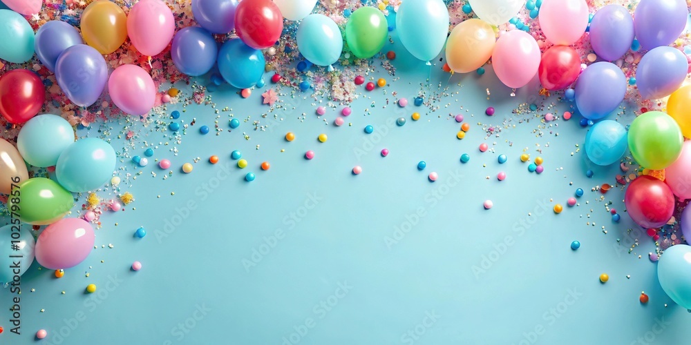 Close-up pastel blue background with balloon confetti drop edge border Close-up pastel blue background with balloon confetti drop edge border